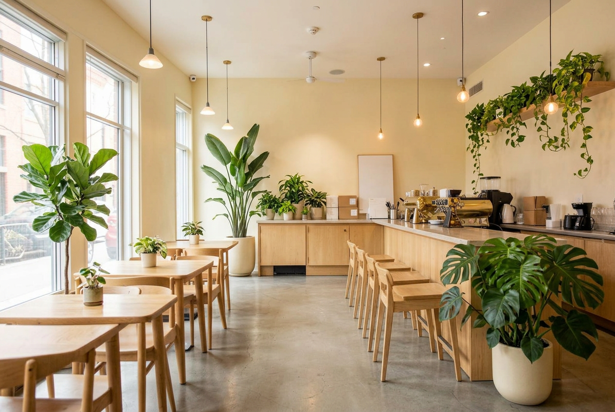 The same coffee shop after professional plant styling and installation