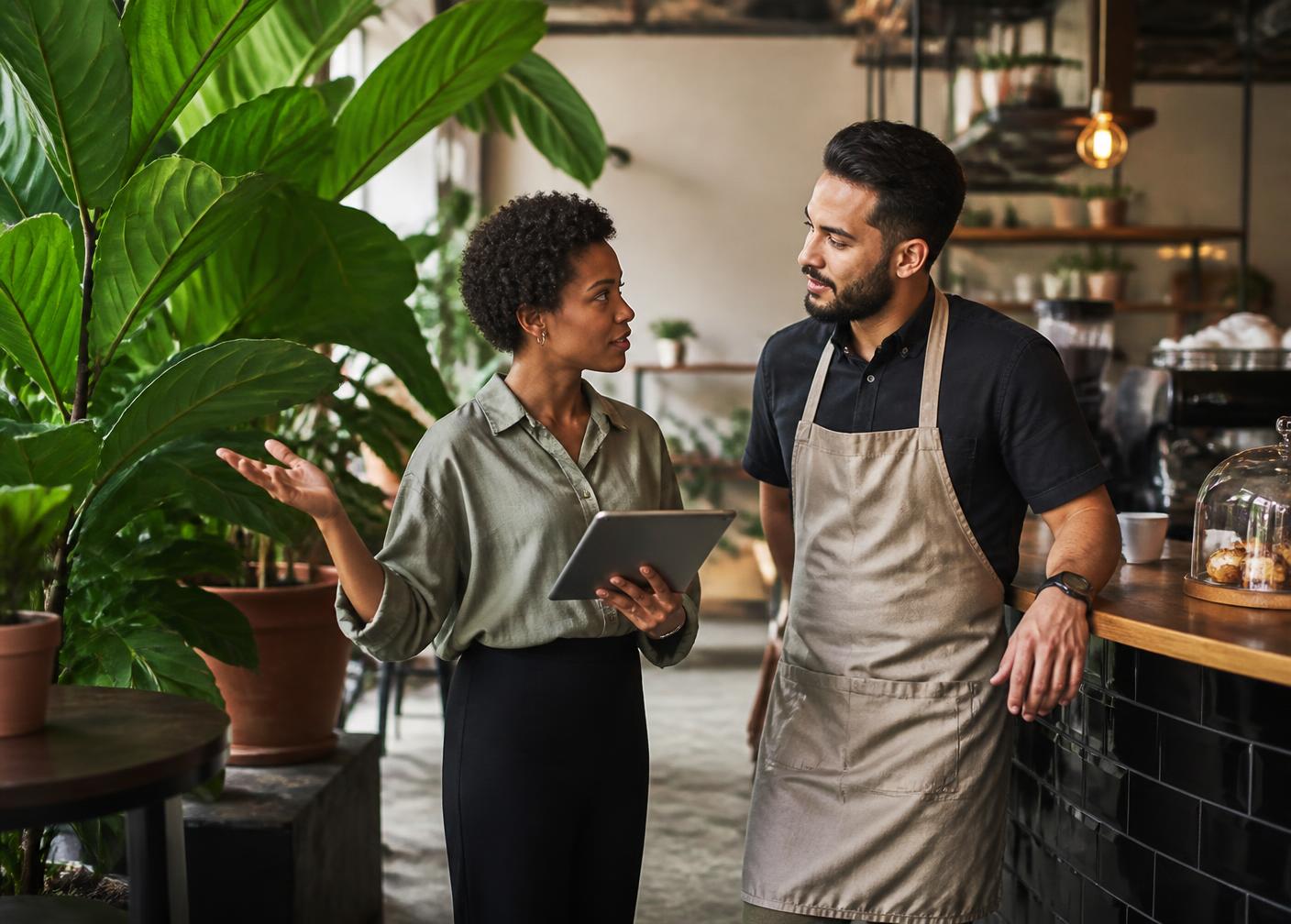 Plant designer and business owner reviewing a plant plan together