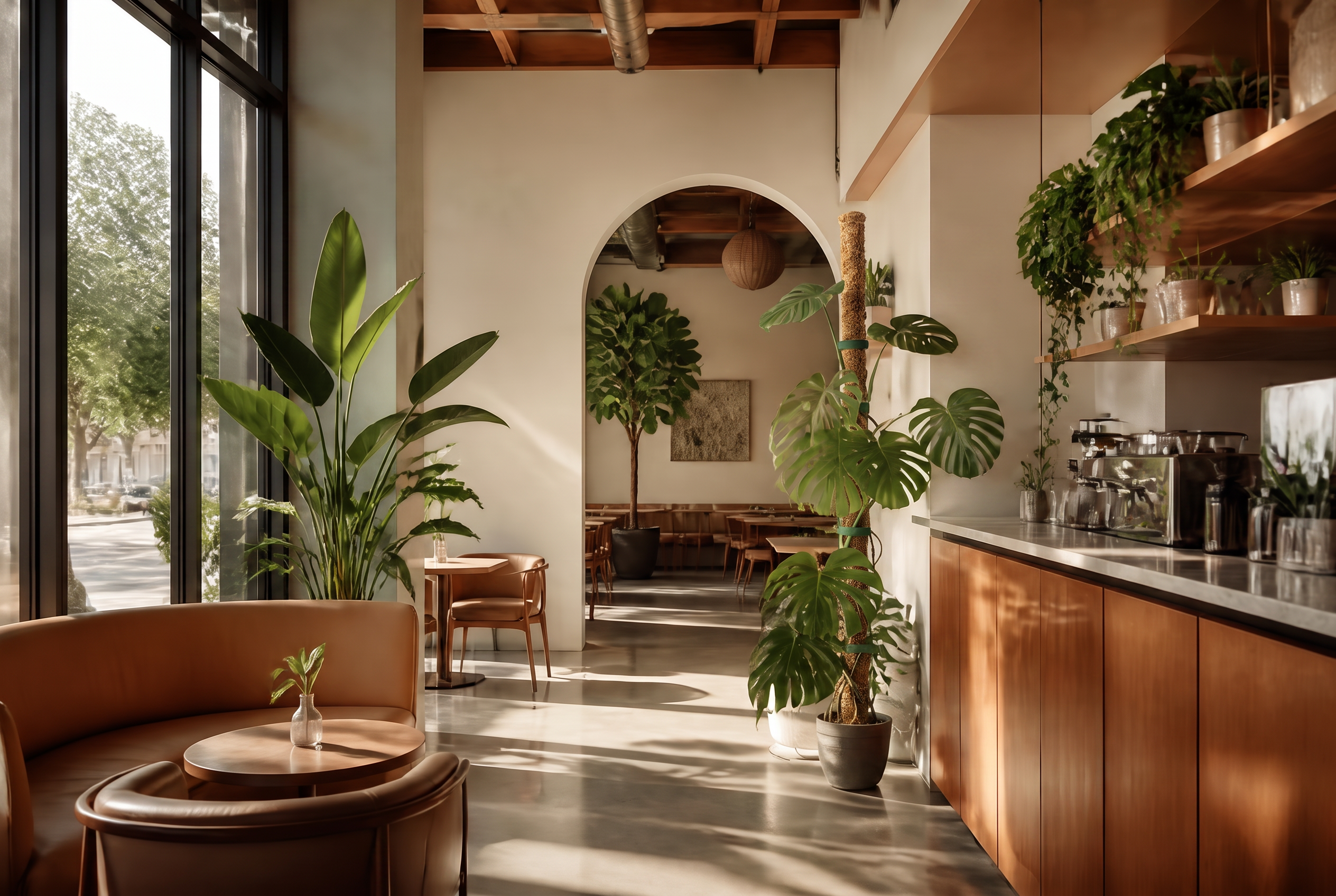 Modern Charlotte coffee shop styled with monstera, fiddle leaf fig and bird of paradise plants