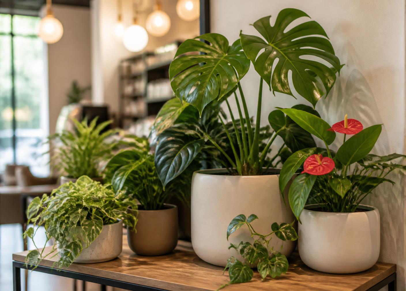 Stylist arranging a curated collection of indoor plants and planters